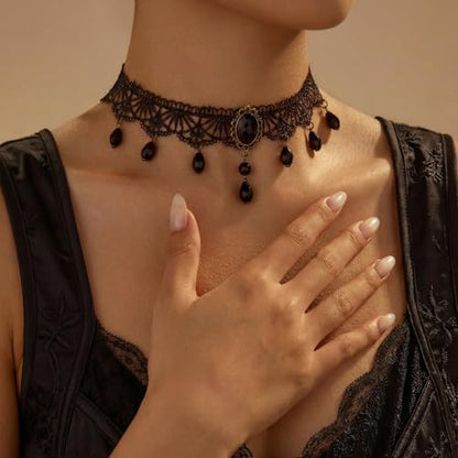 Qceasiy Gothic Black Necklace for Women, Adjustable Victorian Velvet Lace Collar, Halloween Party Cosplay Jewelry Gift - style: Gem Pendant