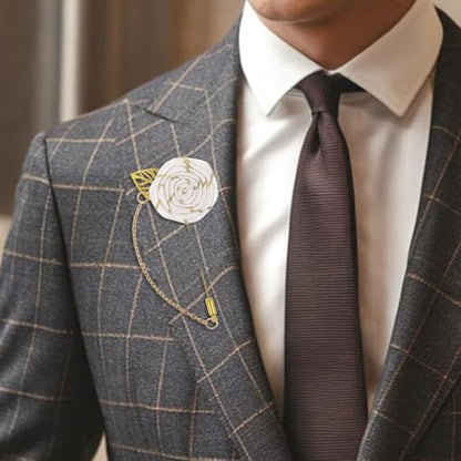 Gold Lapel Pin for Men, Gold Foil Brooch Men's White Flower Satin Lapel Pin with Metal Chain for Suits Professional Tuxedo Groom Wedding Brooch - color: White