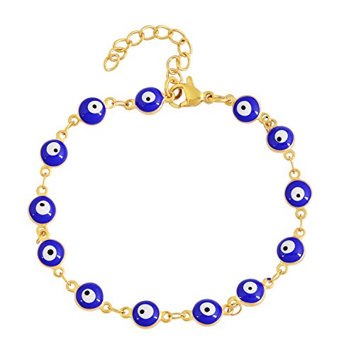 Women's Charm Enamel Evil Eye Protection Link Chain Bracelet - color: Gold,Blue