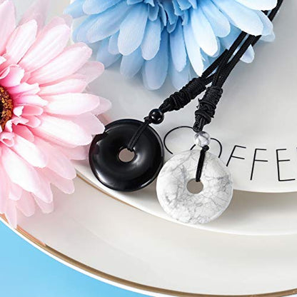 Jovivi 30mm Circle Donut Healing Crystals Necklace Natural Semi-Precious Chakra Gemstone Stone Amulet Lucky Coin Donuts Charm Protection Quartz Reiki Pendant Necklace for Men Women Adjustable Rope - color: 2pcs(White Turquoise+Black Obsidian)
