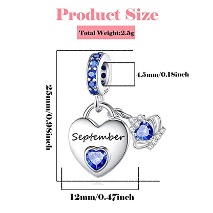 Birthstone Charms for Charms Bracelet: 925 Sterling Silver Heart Dangle Charms for Bracelets and Necklaces, Birthday Mother's Day Christmas Gifts For Women. - color: September