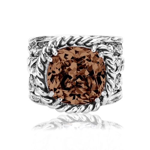JEAN RACHEL JEWELRY 925 Sterling Silver Braid Leaf Cushion Ring | Ornate statement ring beautifully adorned with sculpted leaf motifs, twisted rope braids, and a CZ center stone. - color: Smoky CZ