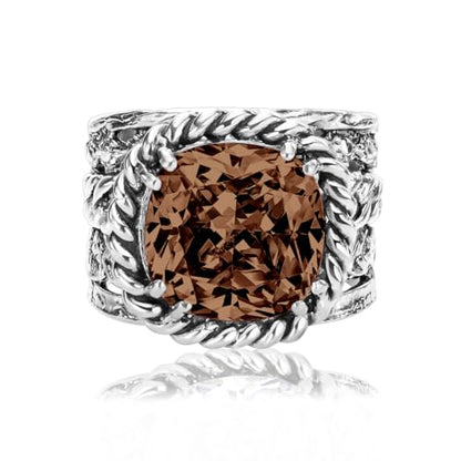 JEAN RACHEL JEWELRY 925 Sterling Silver Braid Leaf Cushion Ring | Ornate statement ring beautifully adorned with sculpted leaf motifs, twisted rope braids, and a CZ center stone. - color: Smoky CZ