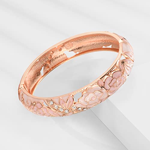 UJOY Cloisonne Bangle Colorful Enamel Filigree Rose Flower Hollowed Crystal Bracelet for Women Gifts 88A09 - color: C06-2 Pcs Set/Rose-Cream Pink