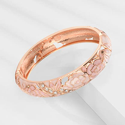 UJOY Cloisonne Bangle Colorful Enamel Filigree Rose Flower Hollowed Crystal Bracelet for Women Gifts 88A09 - color: C06-2 Pcs Set/Rose-Cream Pink