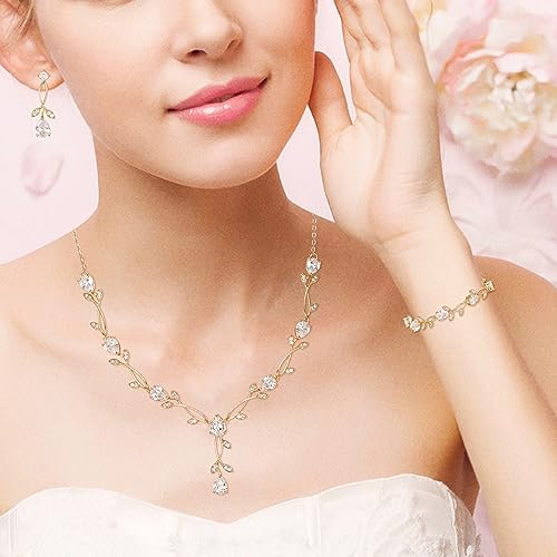 EVER FAITH Cubic Zirconia Pearl Leaf Bridal Jewelry Set for Bride Women | White Wedding Prom Necklace Dangle Earrings Bracelet, for Bridesmaid - color: CZ_Clear Gold-Plated-Brass