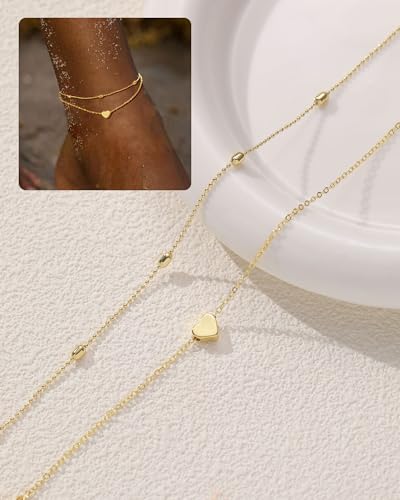 Gold Silver Ankle Bracelets for Women Waterproof 14K Gold Plated Anklets for Women Non Tarnish Dainty Layered Beaded Heart Anklet Set Summer Beach Foot Chain Jewelry Gifts Trendy Stuff - color: E- Heart Anklets- Gold