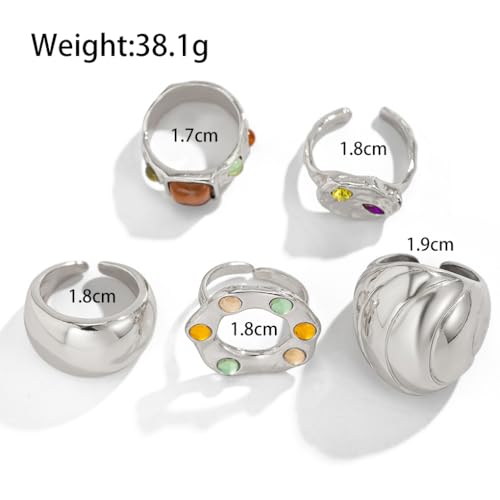 5Pcs Chunky Gold Rings for Women,Stackable Large Dome Knuckle Rings,Thick Gold Crystal Finger Rings Set Trendy Jewelry - color: Silver