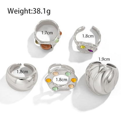 5Pcs Chunky Gold Rings for Women,Stackable Large Dome Knuckle Rings,Thick Gold Crystal Finger Rings Set Trendy Jewelry - color: Silver