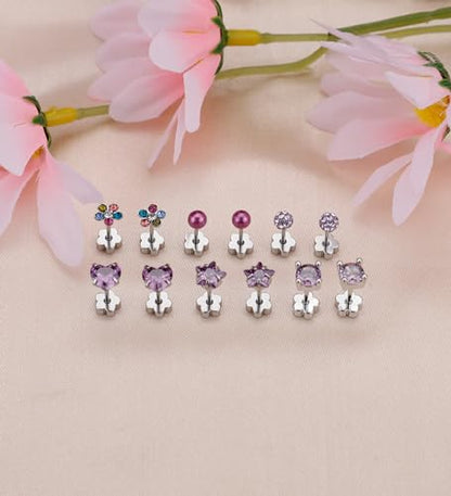 Staligue 8 & 21 Pairs Hypoallergenic Screw Back Earrings for Women – 20G Surgical Steel Flat Back Studs with Heart, CZ, Pearl, Star & Ball Designs | Tiny Cartilage Jewelry Options - color: Purple
