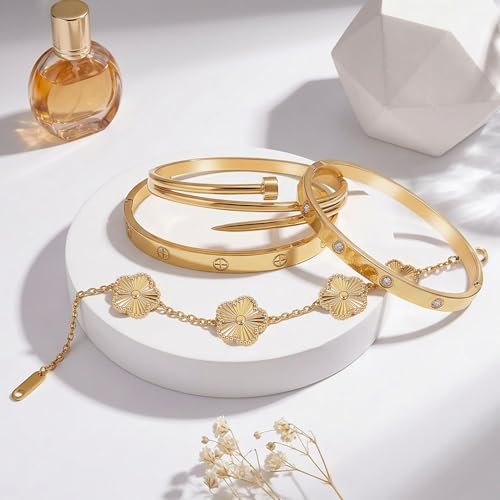 Stackable Gold Bracelets for Women - 4 Sets, 18K Gold Plated Bracelets, Stainless Steel Bangle Bracelets Non-Tarnish, Stylish Gold Jewelry Ensemble, Valentine's Day, Birthday and Christmas Jewelry Gifts - color: A3-(Gold 4Sets)