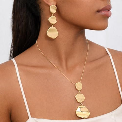 Statement Necklace and Earrings Set – 2PCS Gold Silver Chunky Geometric Pendant Jewelry with Snake Chain, Asymmetrical Ellipse Y-Necklace Metallic Fashion Jewelry for Women - color: B:Gold Angular Shape