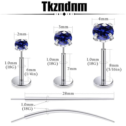 F136 Titanium 20/18/16G Earrings Nose Lip Rings Medusa Tragus Cartilage Helix Labret Flat Back Threadless Implant Grade Stud Piercing Jewelry for Women - color: Blue CZ, size: 18g*6/7/8mm*2/3/4mm