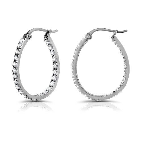 Hoops & Loops 925 Sterling Silver Cubic Zirconia Inside Out Oval Hoop Earrings for Women, 20mm 25mm 30mm - color: 20mm-Silver