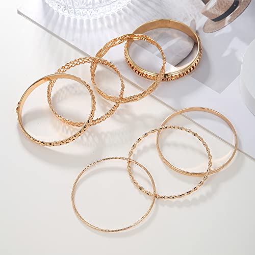 COLORFUL BLING 5-12Pcs Boho Indian Bangles for Women Twisted Chunky Stackable Cuff Bangle Statement Jewelry Handcuffs Wedding Layered Cable Smooth Bracelets Set - color: 7pcs gold