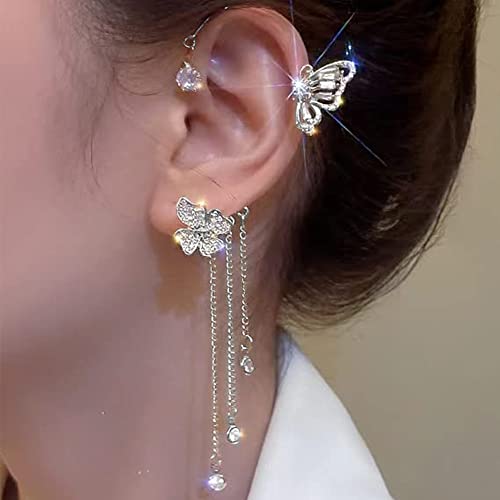 2Pcs Butterfly Ear Cuffs Rhinestone Clip On Earrings | Rhinestone butterfly ear cuffs with non piercing clip on design; silver ear wrap climber jewelry for parties and weddings - style: Style D Silver