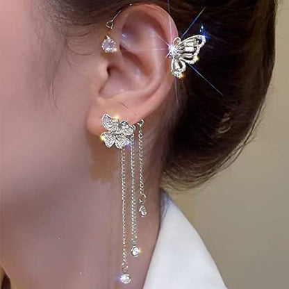 2Pcs Butterfly Ear Cuffs Rhinestone Clip On Earrings | Rhinestone butterfly ear cuffs with non piercing clip on design; silver ear wrap climber jewelry for parties and weddings - style: Style D Silver
