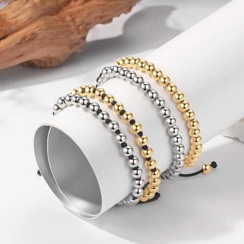 18K Gold-Plated Bracelets for Men Franco Link Chain Adjustable | Stainless Steel Bracelet, Gold Beads Bracelet, Handcrafted Braided, Mens Jewelry Birthday Gift for Men - color: Black with Silver