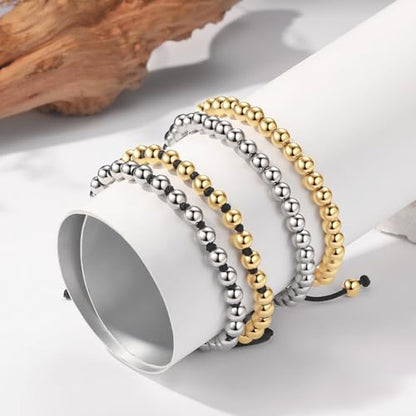 18K Gold-Plated Bracelets for Men Franco Link Chain Adjustable | Stainless Steel Bracelet, Gold Beads Bracelet, Handcrafted Braided, Mens Jewelry Birthday Gift for Men - color: Black with Silver