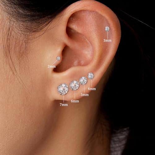 6 Pairs Stud Earrings for Women, 14K Gold Plated Hypoallergenic 316L Surgical Stainless Steel Earrings Studs Sets Cubic Zirconia Cartilage Earrings - color: Silver- 6 Pairs- 2 3 4 5 6 7mm