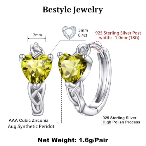 Bestyle 925 Sterling Silver Huggie Hoop Earrings Small Birthstone Hoop Earrings for Women Hypoallergenic Silver Huggie Earring,Great Birthday Earrings Gift for Daughter Wife Mom - color: 08-Peridot-Hoop