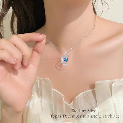 TOUPOP Moon and Star Birthstone Necklace for Women 925 Sterling Silver Celtic Moon Jewelry Birthday Mothers Day Gifts for Mom Wife Her - color: 12-December-Topaz
