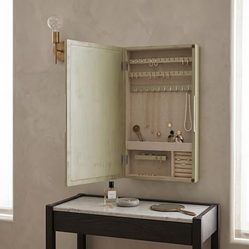 Hives & Honey Jamie Wall Mounted Jewelry Mirror Cabinet, Champagne – Hidden Jewelry Organizer with Earring Hooks, Necklace Hooks, Ring Rolls & Anti-Tarnish Lining - color: Champagne