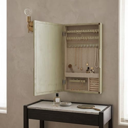 Hives & Honey Jamie Wall Mounted Jewelry Mirror Cabinet, Champagne – Hidden Jewelry Organizer with Earring Hooks, Necklace Hooks, Ring Rolls & Anti-Tarnish Lining - color: Champagne