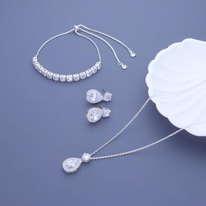 Plated Gold Silver Elegant Teardrop Zircon Earrings Necklace Bracelet Set for Bridesmaids, Sparkling Cubic Zirconia Jewelry, Wedding Gift, 4/5/6-Piece - color: 6 Sets Silver