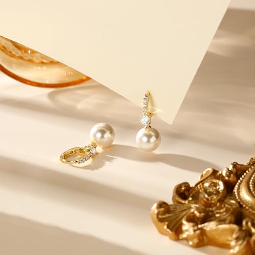 Pearl Earrings for Women 14K Gold Plated Hypoallergenic Pearl Earrings 5A Cubic Zirconia Dangle Earrings Elegant Jewelry - color: 2-Gold