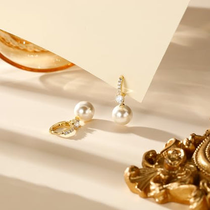 Pearl Earrings for Women 14K Gold Plated Hypoallergenic Pearl Earrings 5A Cubic Zirconia Dangle Earrings Elegant Jewelry - color: 2-Gold