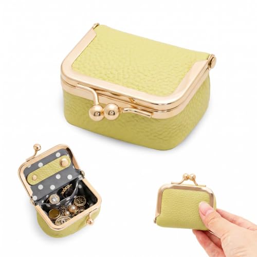 Genuine Leather Mini Jewelry Box Portable Vintage-Inspired Leather Small Coin Purse Jewelry Organizer Case Mini Travel Ring Box with Kiss Lock for Women Earring Ring Necklace - color: Yellow