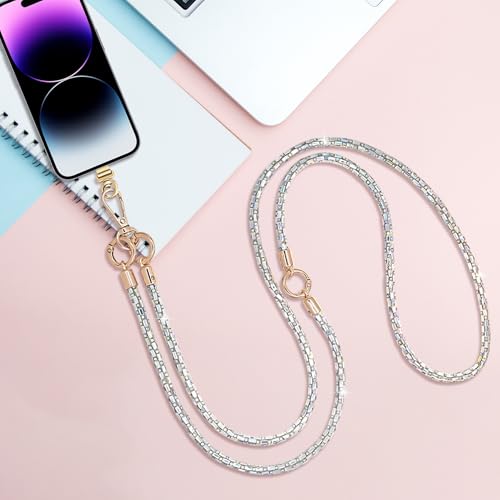 Crystal Phone Strap Crossbody Rhinestone Anti Theft Layered Strap Crossbody Gold Metal Buckles Cell Phone Neck for Women (White) - color: White