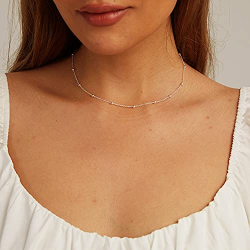 CHESKY 14K Gold Plated Silver Dainty Satellite Choker Necklace for Women | Layered Beaded Chain Necklace, Thin Choker Jewelry, Dainty Gold necklace, Minimalist Trendy Jewelry, Daily Gift for Women - style: Beaded-Silver