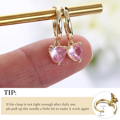 FIBO STEEL 14K Gold Plated Hoop Earrings with Charms for Women Huggie Hoops | Hypoallergenic 925 Sterling Silver Post Dangle Earrings Small Silver Gold Hoops Earring Cubic Zirconia Dangle Drop Jewelry - color: Pink Heart - 14K Gold Plated