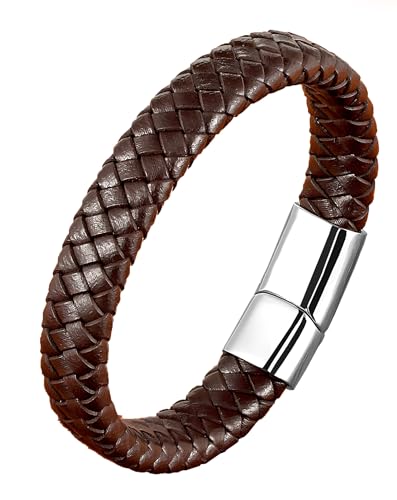 Leather Bracelet for Men, Braided Mens Cuff Bracelets with Stainless Steel Clasp Stacked Multi Style Color Anniversary Father's Day Birthday Christmas Jewelry Gifts for Him - color: Silver Clasp & Brown Leather