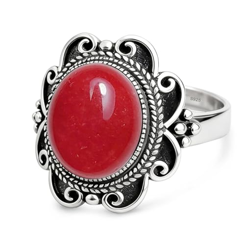Sterling Silver Natural Stone Ring,Retro Antique Vintage Oval Genuine Real Crystal Quartz Gemstone Wide Boho Bohemian Statement Chunky Ring for Women - color: A06_Red Quartz Jasper