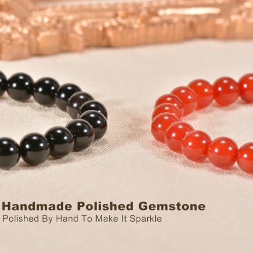 2PCS Agate Bracelet for Women Men Natural Round Beaded Agates Stone Healing Stretch Bracelets Elastic Handmade Polished Gemstone Beads Bracelet - color: Black+Red, size: 8mm Beads