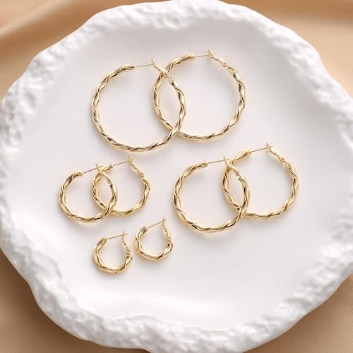 14k Gold Plated Hoop Earrings for Women, 925 Sterling Silver Posts Thick Twist Hypoallergenic Chunky Large Earrings 20mm 30mm 40mm 50mm - color: Yellow Gold, size: 50mm