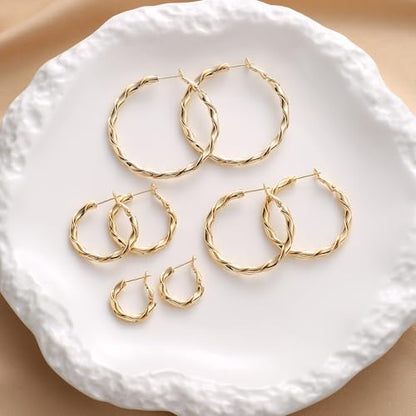 14k Gold Plated Hoop Earrings for Women, 925 Sterling Silver Posts Thick Twist Hypoallergenic Chunky Large Earrings 20mm 30mm 40mm 50mm - color: Yellow Gold, size: 50mm