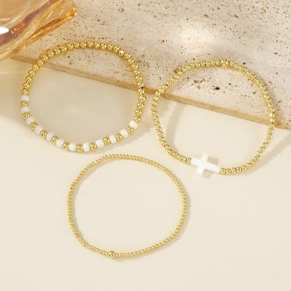 14K Gold Plated Beaded 3Pcs Stack Bracelets for Women, Dainty Trendy Freshwater Stackable Pearl Paperclip Cross Chain Gold Balls Stretch Accessories Jewelry Vacation Gift - color: white