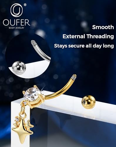 OUFER 14G Star Silver Gold Dangle Belly Button Ring 316L Surgical Stainless Steel CZ 10mm Bar Length Navel Piercing Jewelry for Women - color: Gold