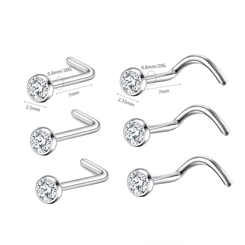 BelezaDosas 6pcs G23 Titanium Nose Studs 18G 20G Screw Nose Ring Press Fit 2mm 2.5mm 3mm Piercing Jewelry for Sensitive Skin - style: 20G/2.35mm