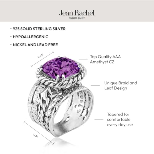 JEAN RACHEL JEWELRY 925 Sterling Silver Braid Leaf Cushion Ring | Ornate statement ring beautifully adorned with sculpted leaf motifs, twisted rope braids, and a CZ center stone. - color: Amethyst CZ
