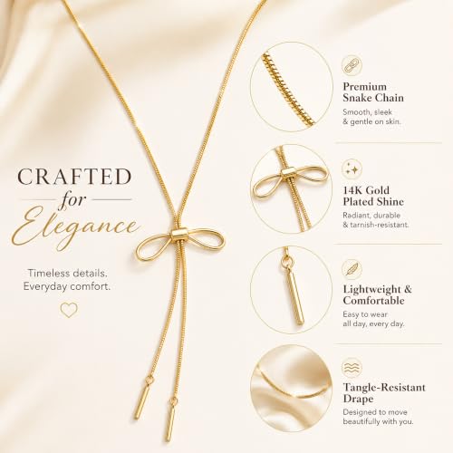 YUJIE Long Gold Y Necklace for Women - Adjustable Lariat Pendant Snake Chain, 14K Gold Plated Dainty Teardrop Necklace for Trendy & Formal Wear - color: bow