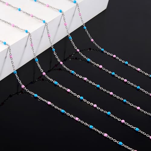 5M Pink and Blue Beaded Jewelry Chains for Crafts DIY with Clasps Supplies | Silver Cable Chain Spool on Bulk Stainless Steel Jewelry Making Chains for Handcraft Make - color: silver-blue pink
