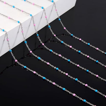 5M Pink and Blue Beaded Jewelry Chains for Crafts DIY with Clasps Supplies | Silver Cable Chain Spool on Bulk Stainless Steel Jewelry Making Chains for Handcraft Make - color: silver-blue pink