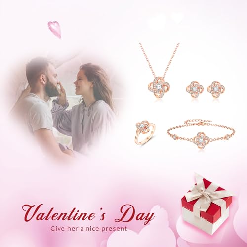 EleQueen Jewelry Set for Women, Silver/Gold/Rose Gold/Plated Sparkle Cubic Zirconia Flower Bud Bridal Necklace Earrings Bracelet Ring Sets for Wedding Prom - color: Rose Gold