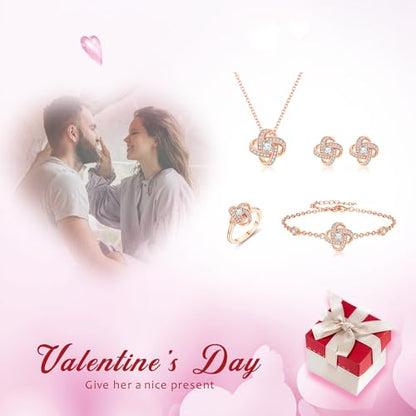 EleQueen Jewelry Set for Women, Silver/Gold/Rose Gold/Plated Sparkle Cubic Zirconia Flower Bud Bridal Necklace Earrings Bracelet Ring Sets for Wedding Prom - color: Rose Gold