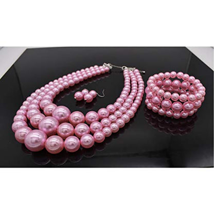 JNF Faux Pearl Statement Necklaces Big Beaded Necklace for Women Chunky Pearls Necklace and Earring Set Large beads Costume Necklace - color: Pink pearl necklace